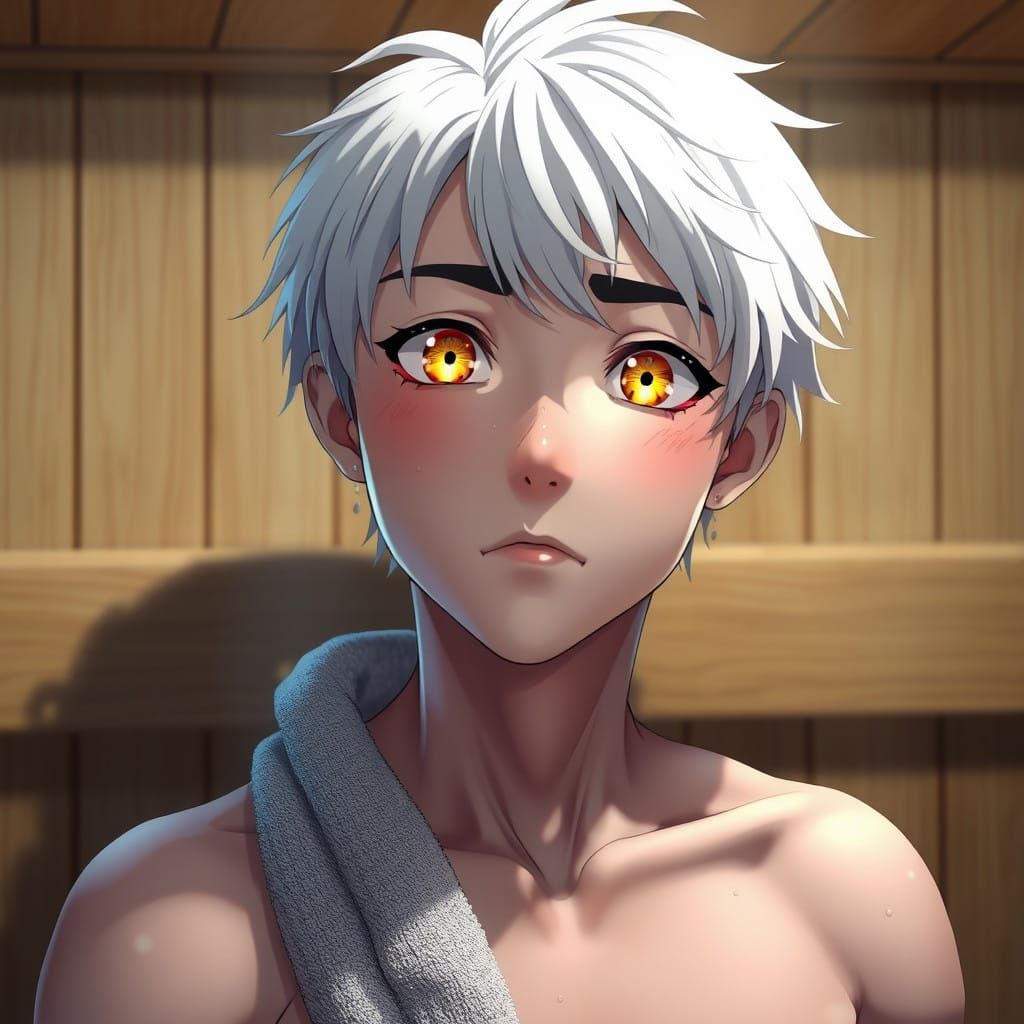 Sweating Anime Boy in Intense Sauna Scene