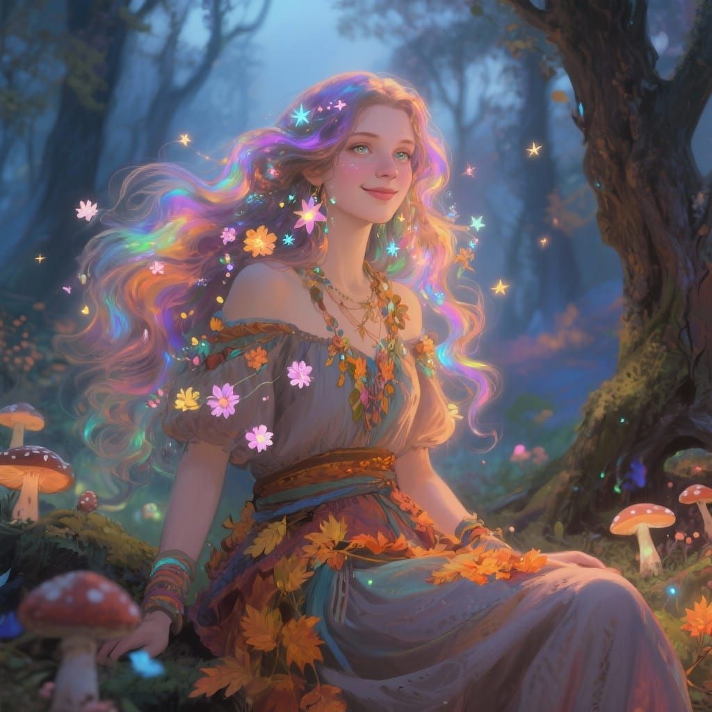 Boho Woman in Enchanted Forest Digital Illustration