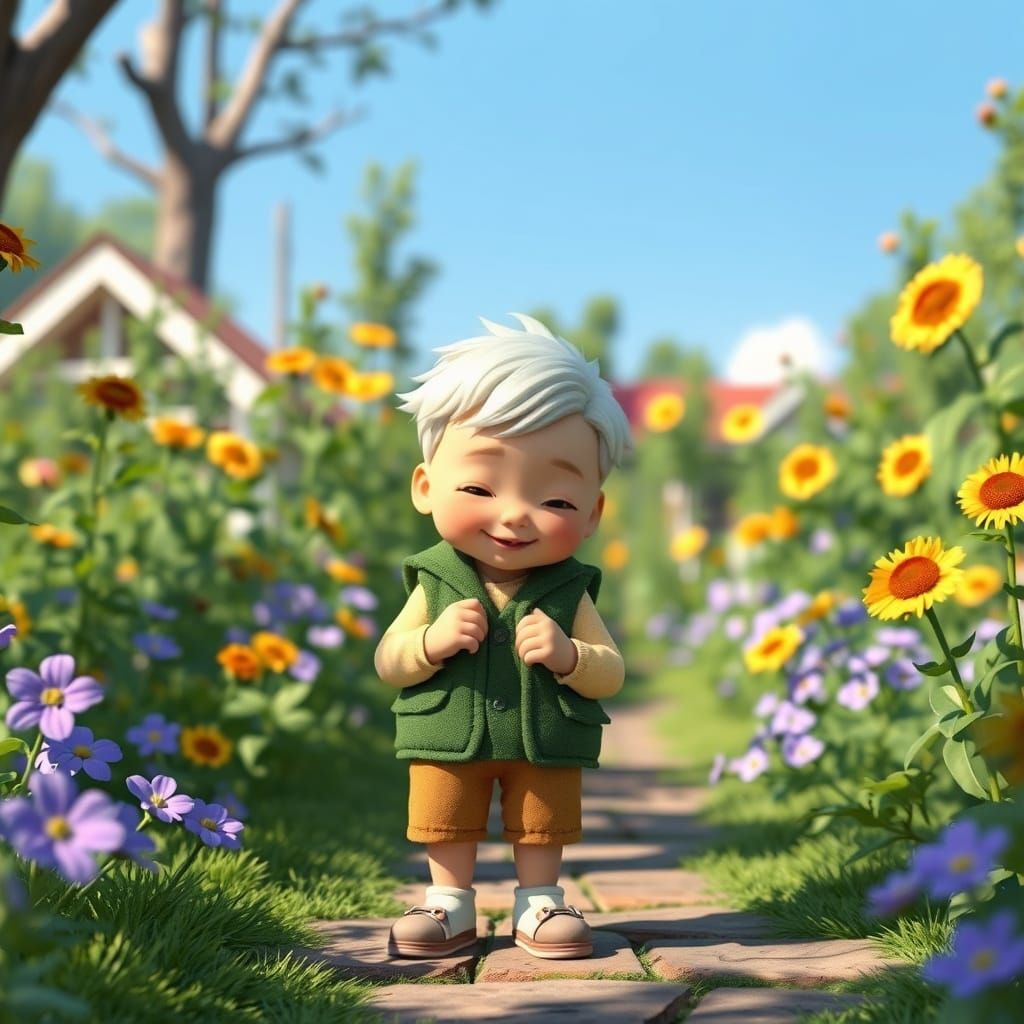 Cartoon Child's Sunny Garden Adventure: Animated Style