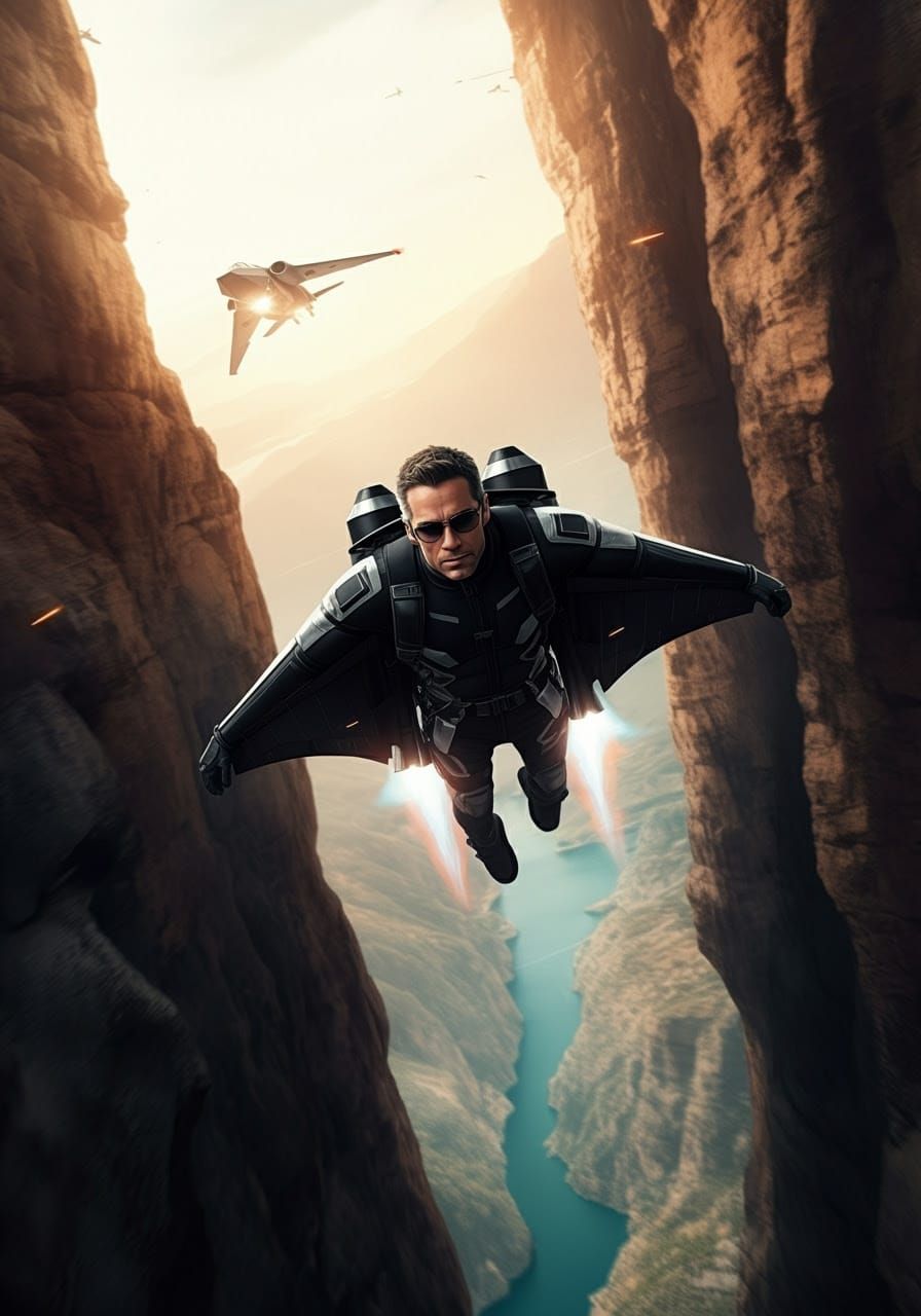 Ethan Hunt wearing an experimental jetwing suit flying throu...