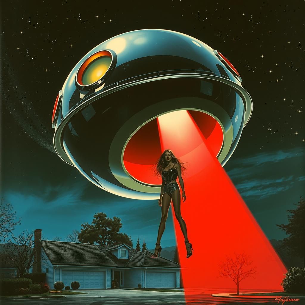 Chrome Smiley Face UFO Abduction in 80s Sci-Fi Style