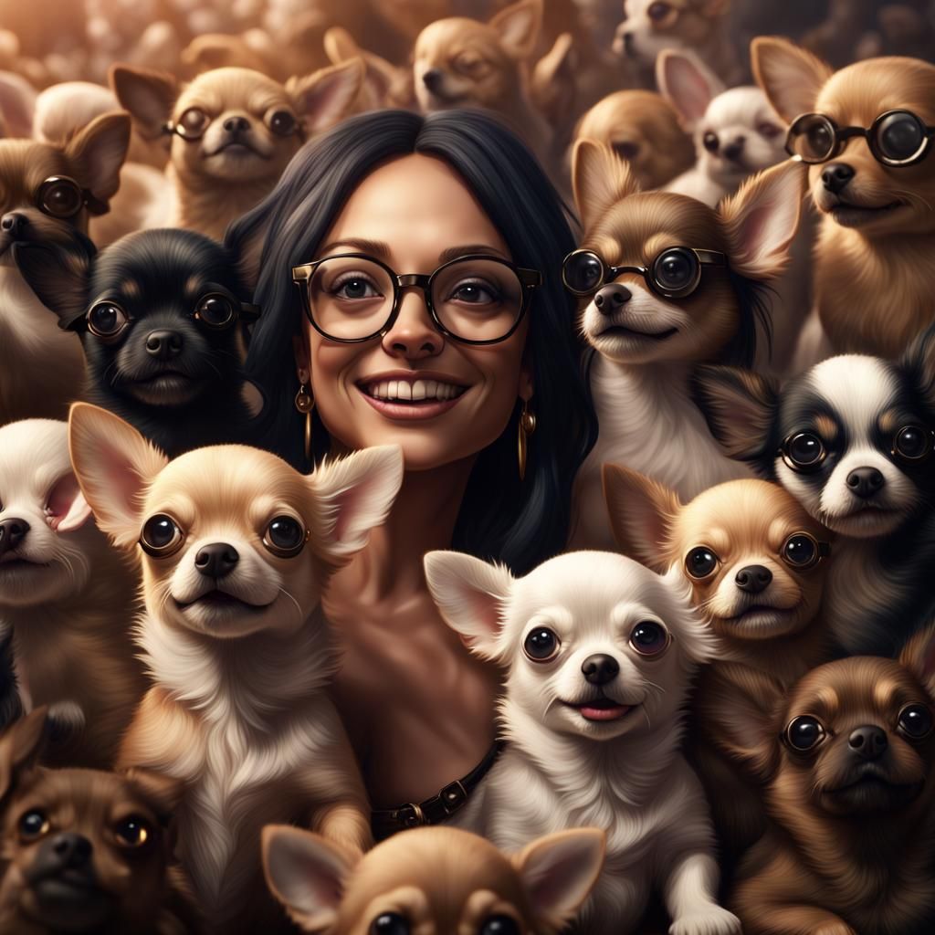 Woman Surrounded by Chihuahua Puppies: Detailed Matte Painti...