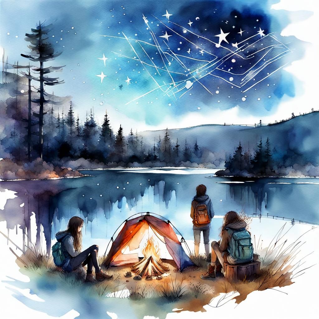 Starry Night Camping Watercolor Illustration