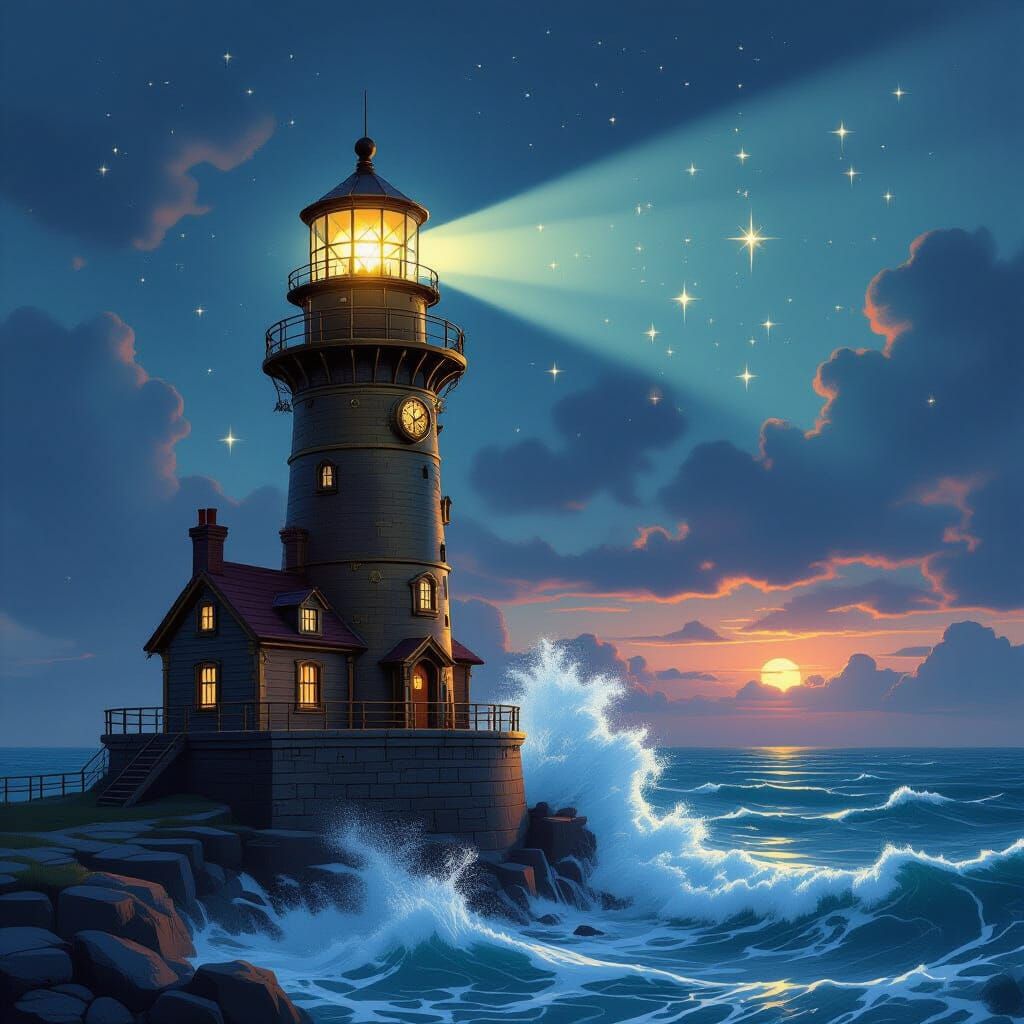 Steampunk Lighthouse Emitting Starlight Over Mechanical Ocea...