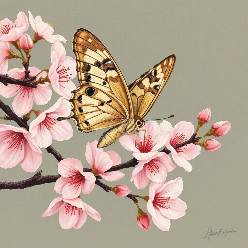 Butterfly on Cherry Blossom Branch in Ukiyo-e Style