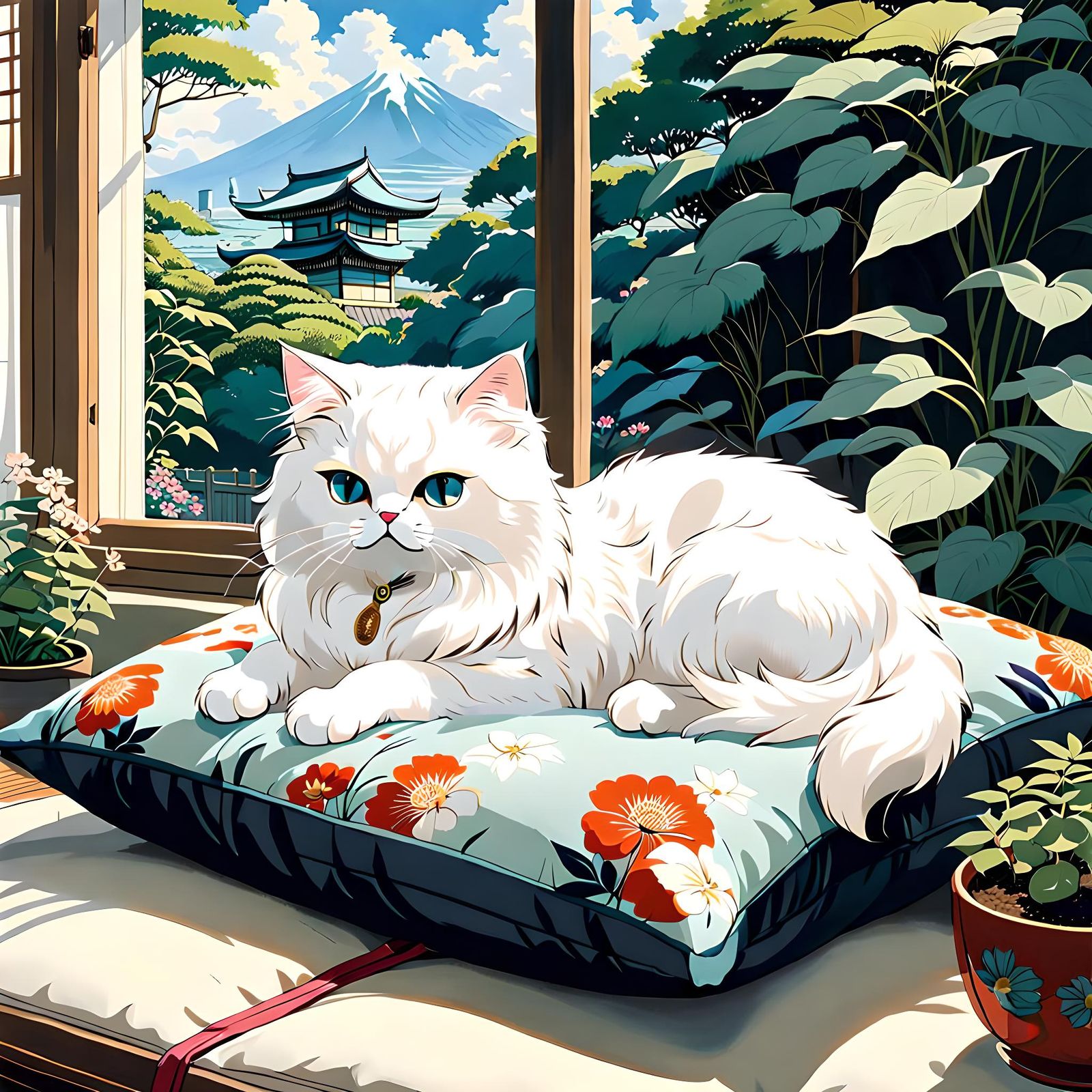 White Persian Cat in Ghibli Ukiyo-e Style
