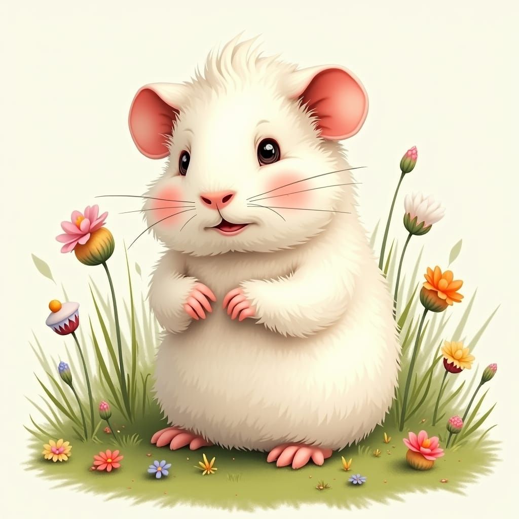 Adorable White Guinea Pig in Whimsical Illustration