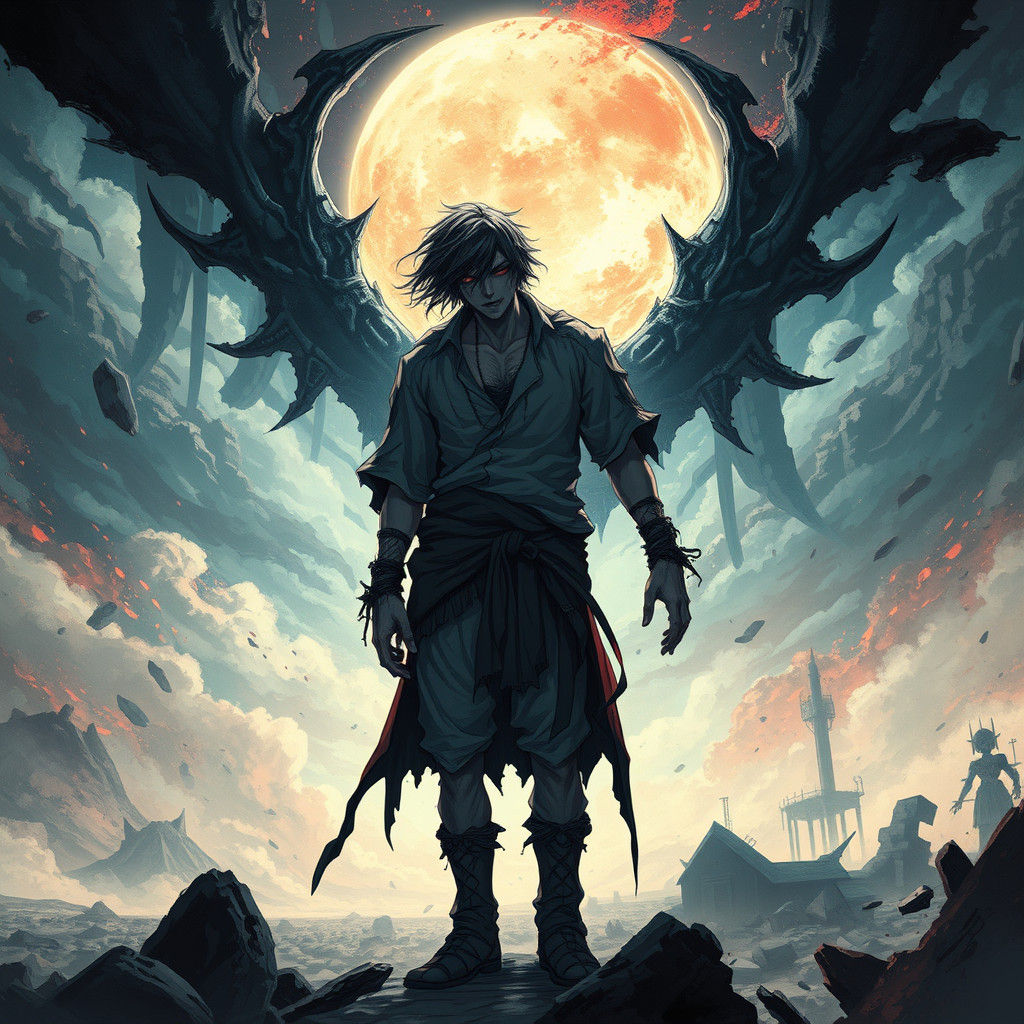 Tormented Man Amidst Ruins Seeks Cosmic Power