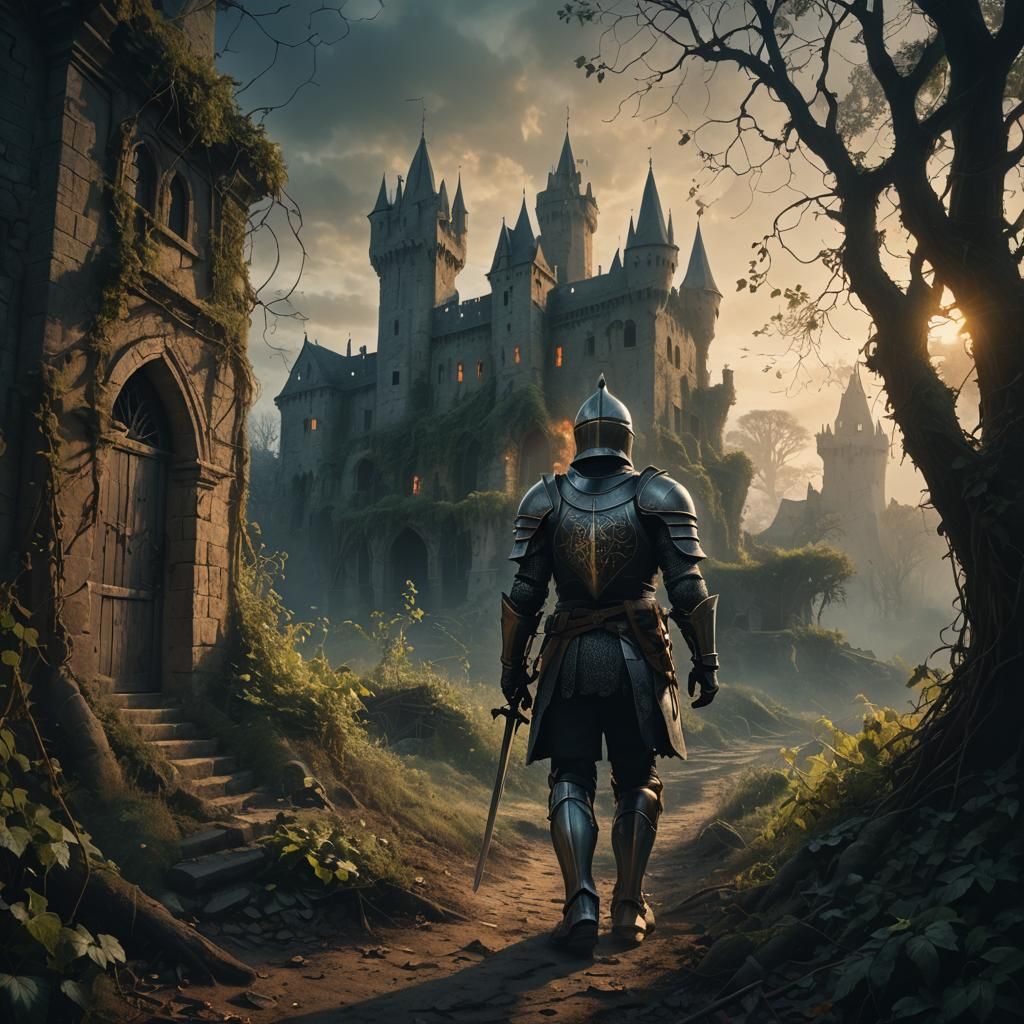 Knight Walks to Haunted Castle in Dark Fantasy Style
