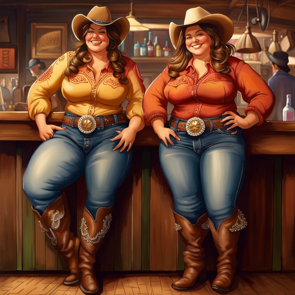 Chubby Western Cowgirls in a Bar, Detailed Matte Painting