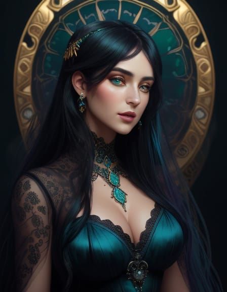 Woman with Green Eyes in Alphonse Mucha Style