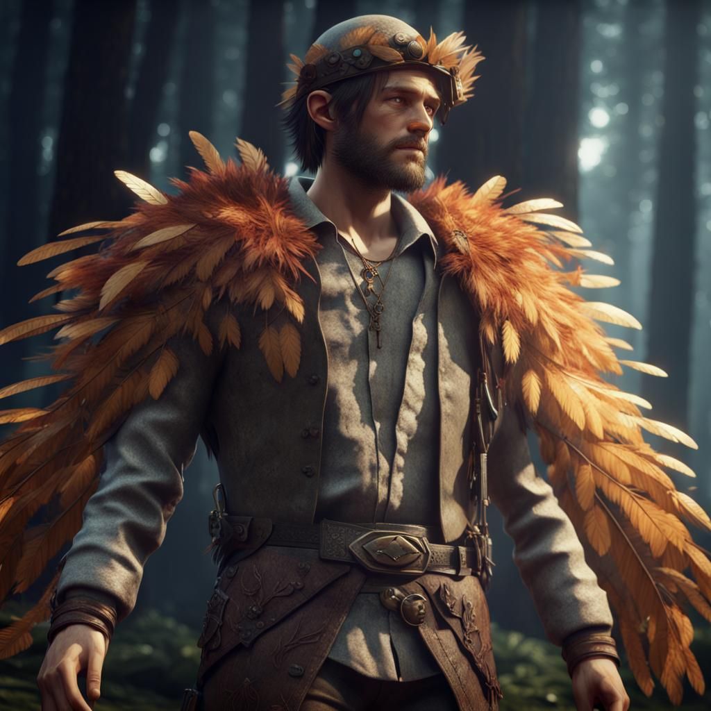 Feather-Clad Forest Man in 3D Cinematic Style
