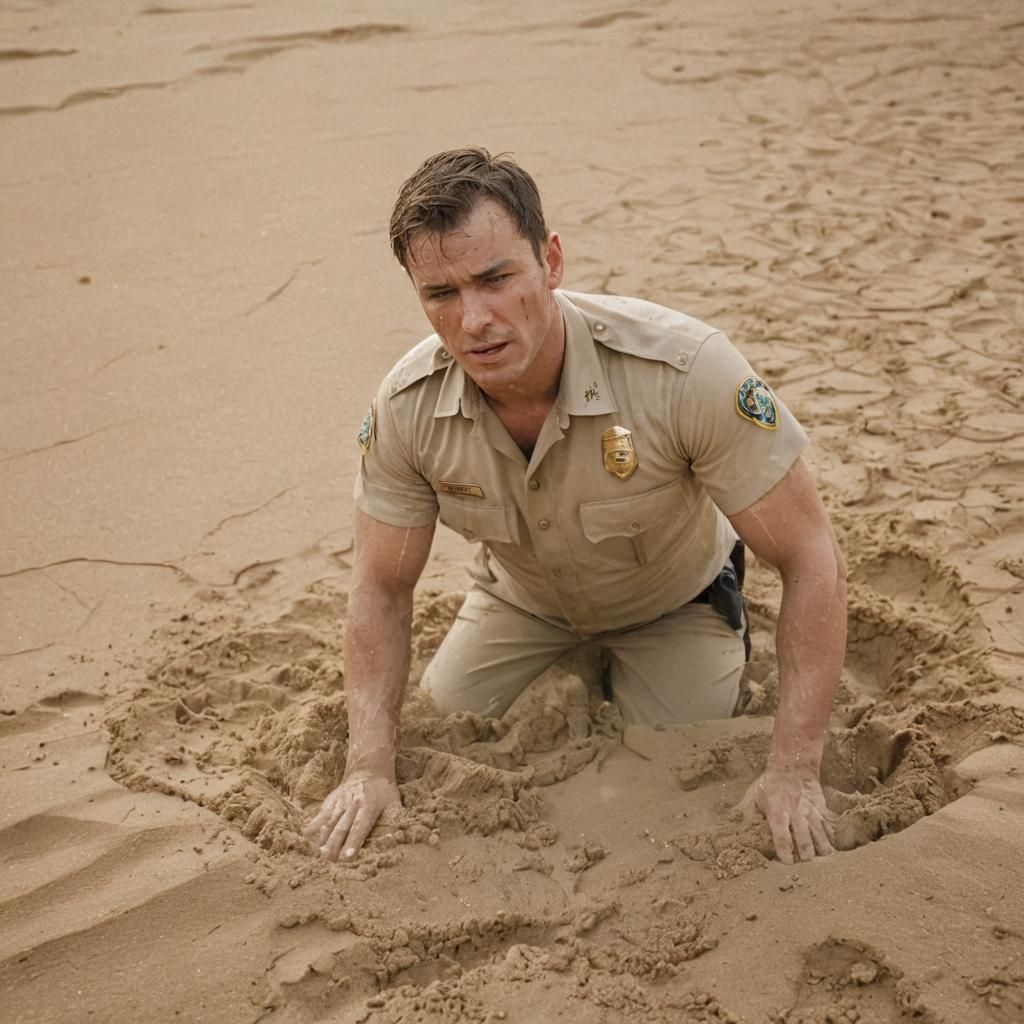 Cop's Desert Quicksand Struggle: Cinematic Still
