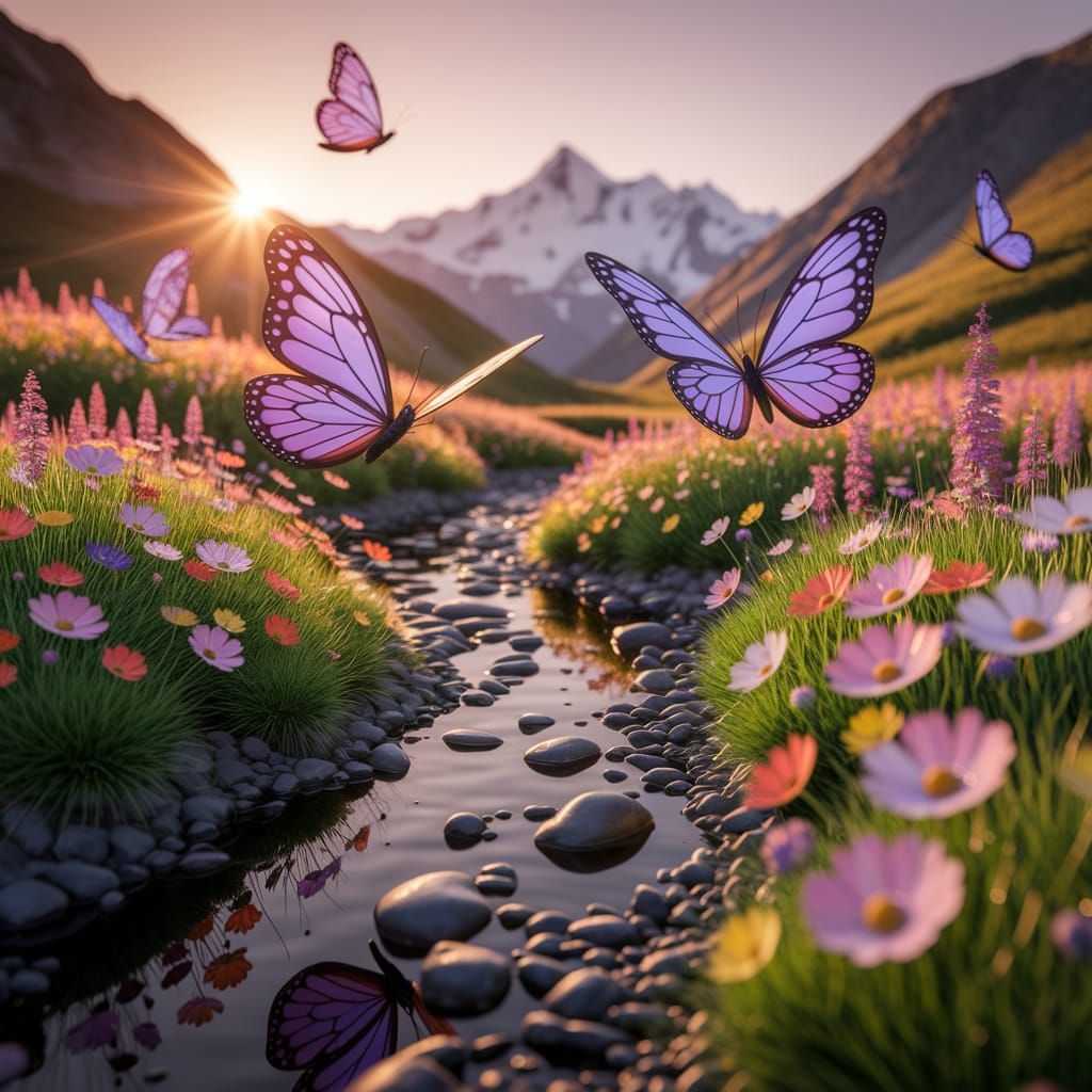 Stunning Mosaic in Lead Glass of Butterflies in a Mountain F...