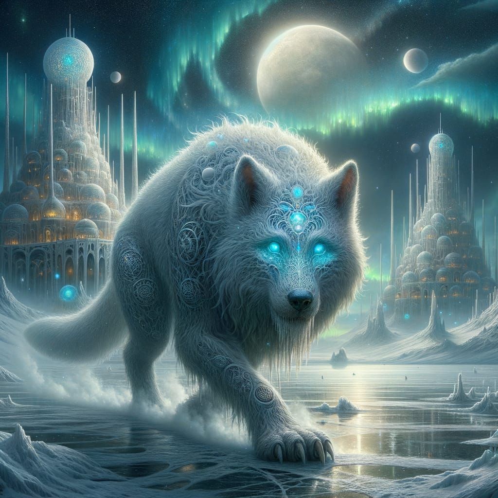Otherworldly Wolf Carrying a Crystalline City