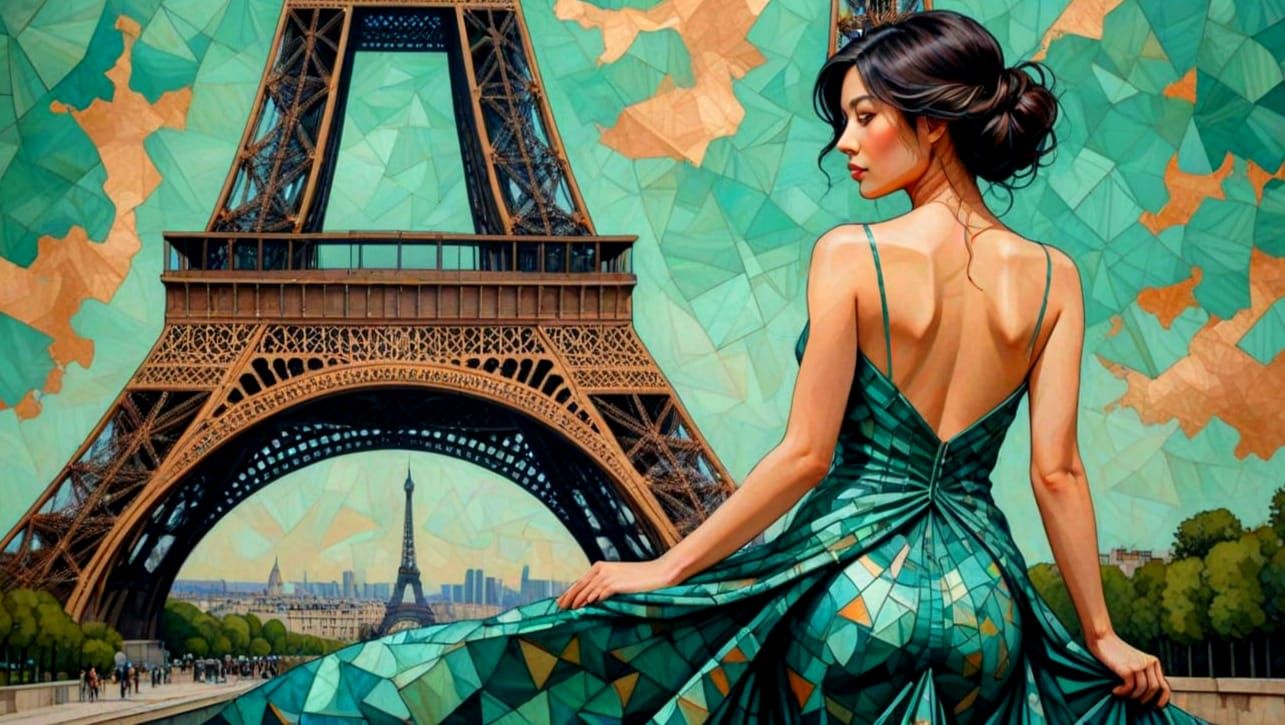 Eiffel Tower with Elegant Woman in Verdigris Patina