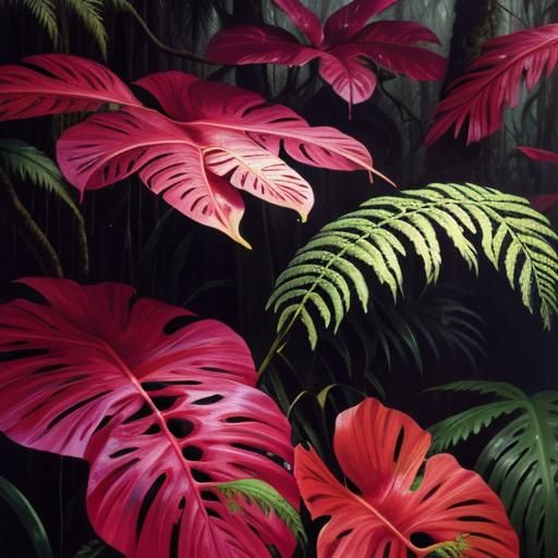 Lush Rainforest Oil Painting with Scarred Forests