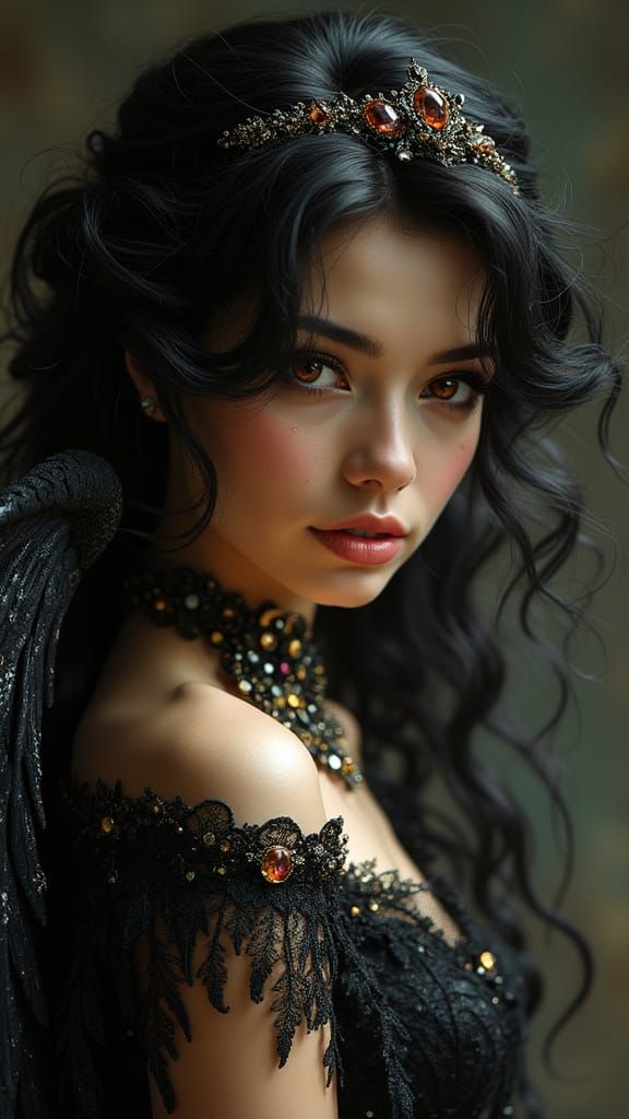 Gothic Angel with Emerald Eyes and Black Wings