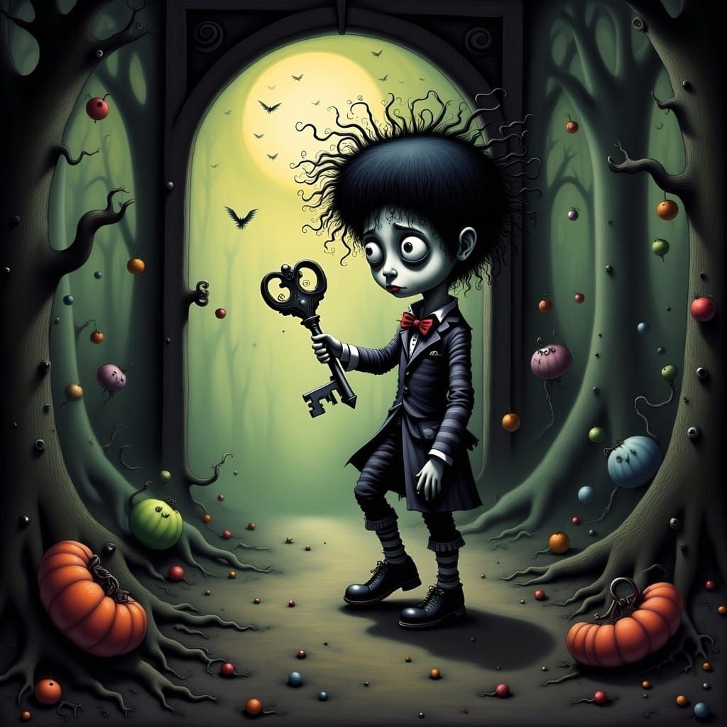 Child with Key Approaching Mysterious Door