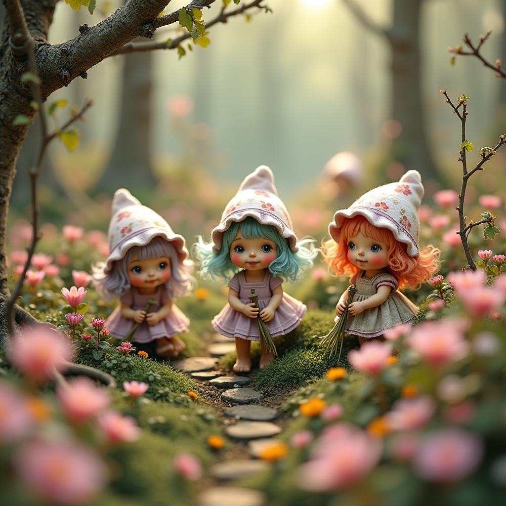 Dolly Pixies Working in a Whimsical Miniature Garden