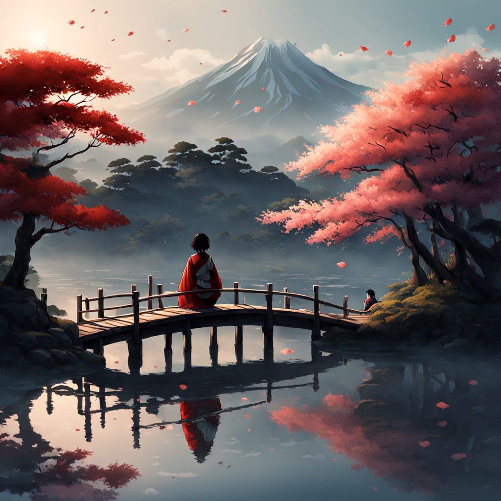 Ethereal Asian Goddess in Misty Lake Landscape