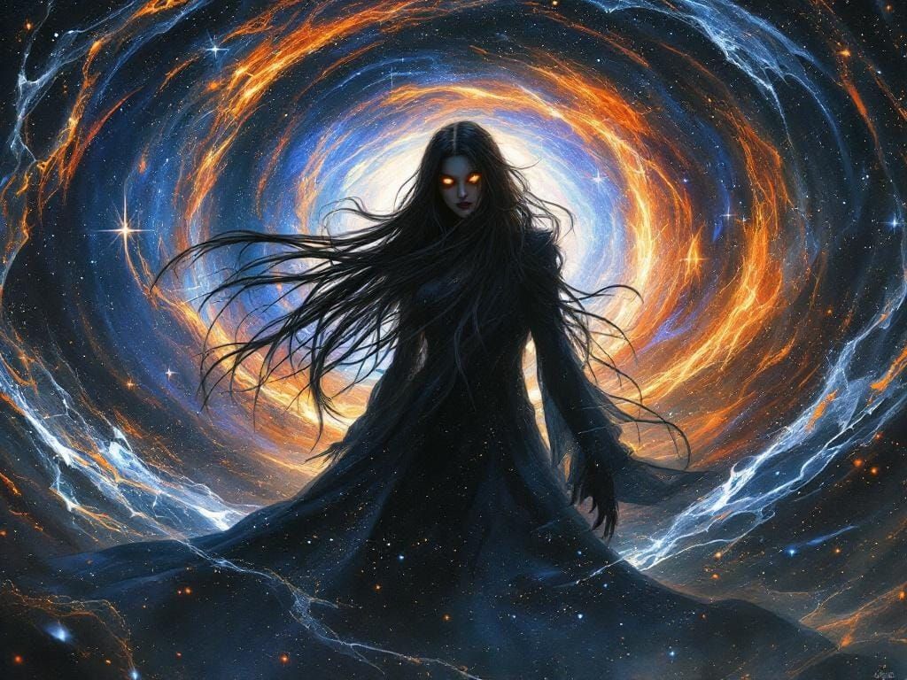 Mysterious Sorceress in Cosmic Vortex: Digital Art