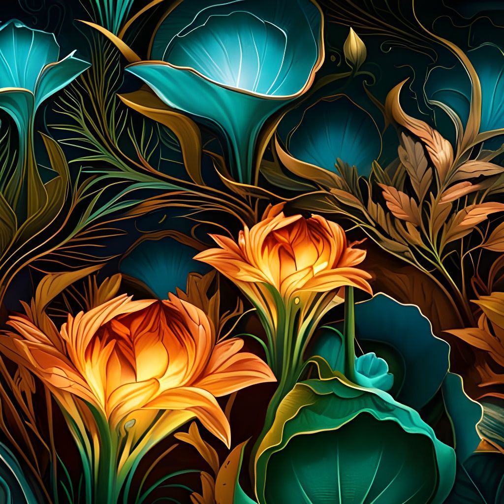 Copper Flowers on Teal Storybook Wallpaper