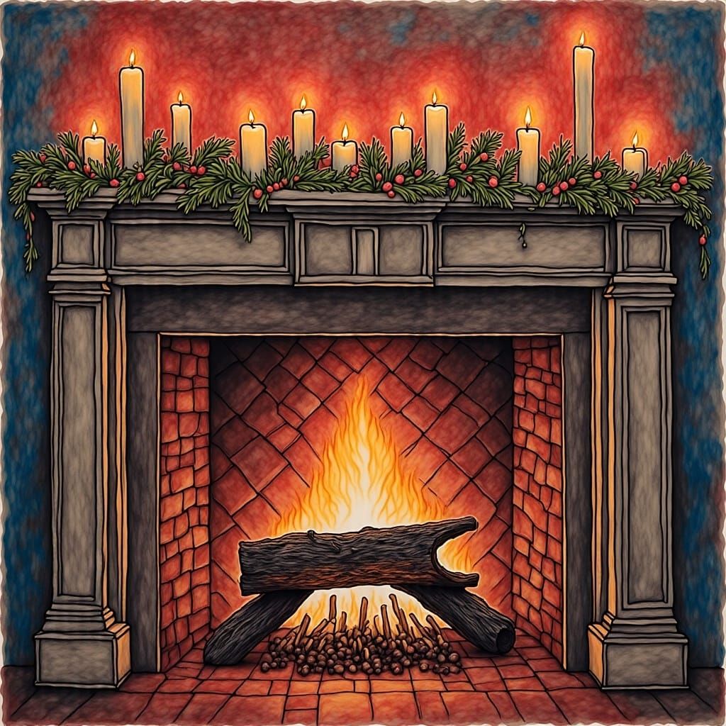 Vibrant Yule Log Fireplace Scene in Encaustic Wax Style