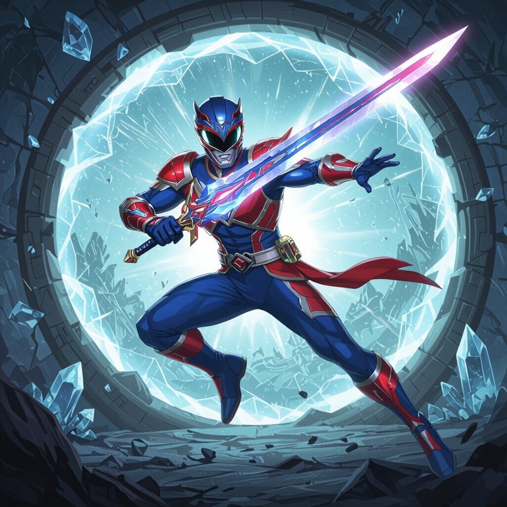 Power Ranger Fights with Blue and Crimson Sword