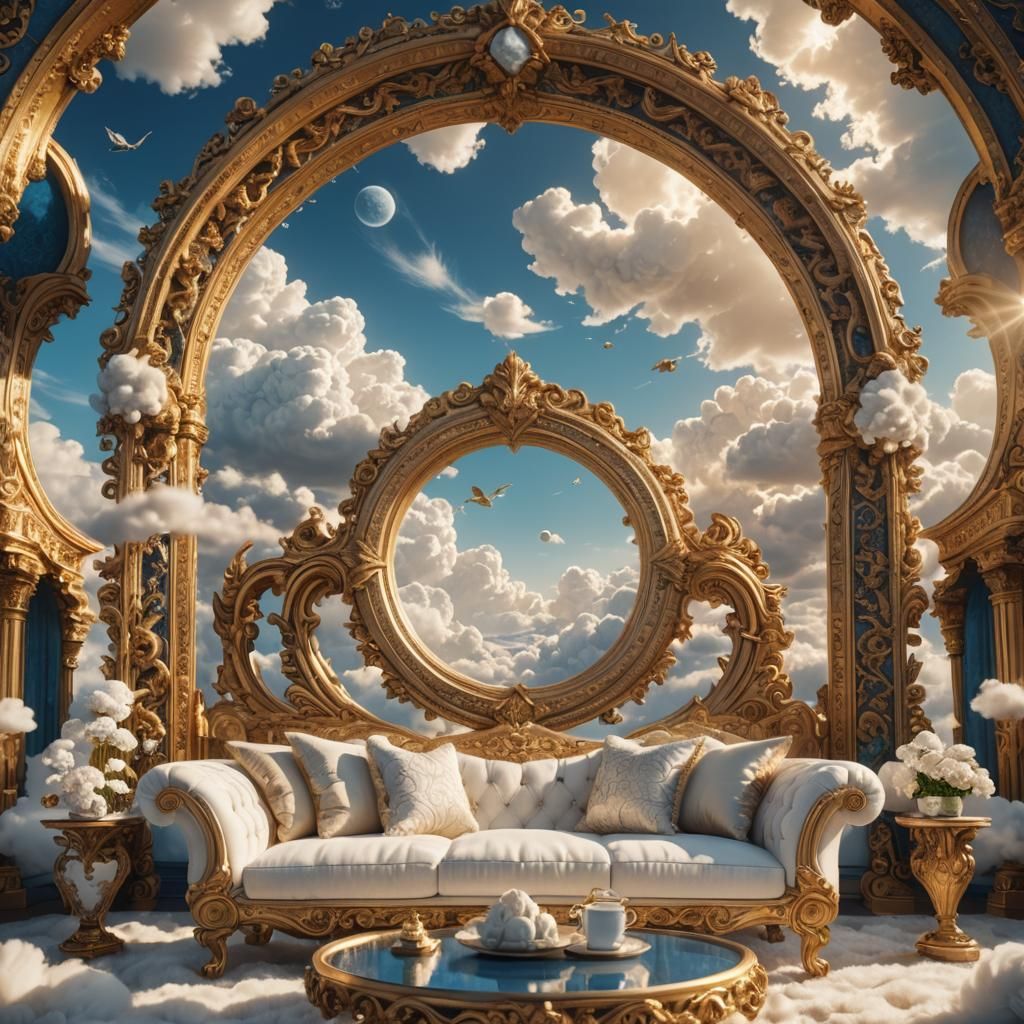 Opulent Sofa in the Clouds: Baroque Digital Painting