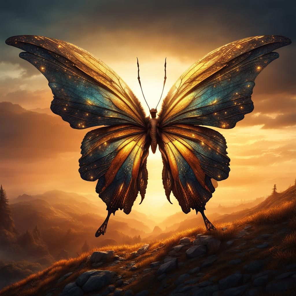 Sparkling Butterfly at Sunset, Fantasy Concept Art