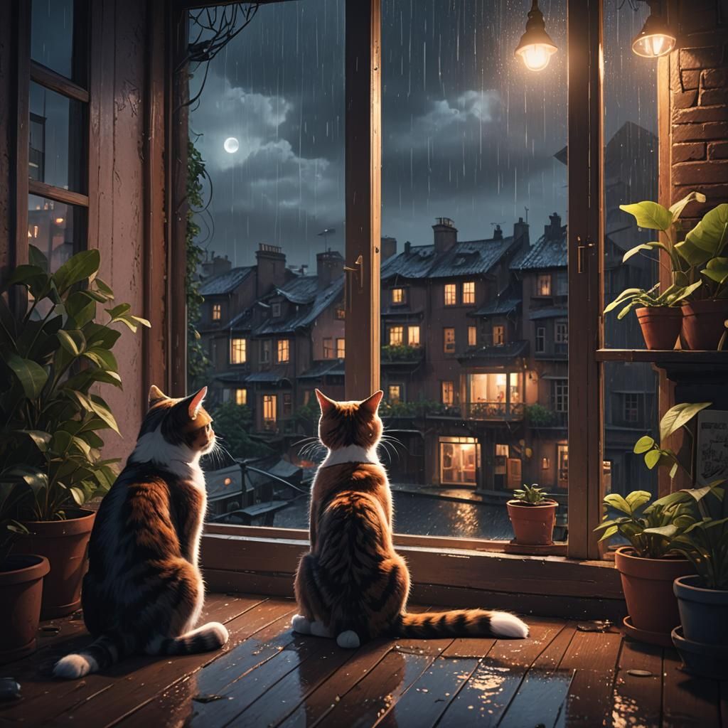 Girl and Cat Watching Rain, Detailed Matte Painting
