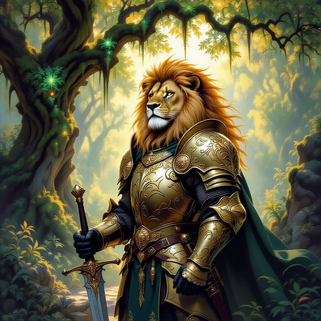 Lion Knight Guarding Enchanted Forest as Oil Painting