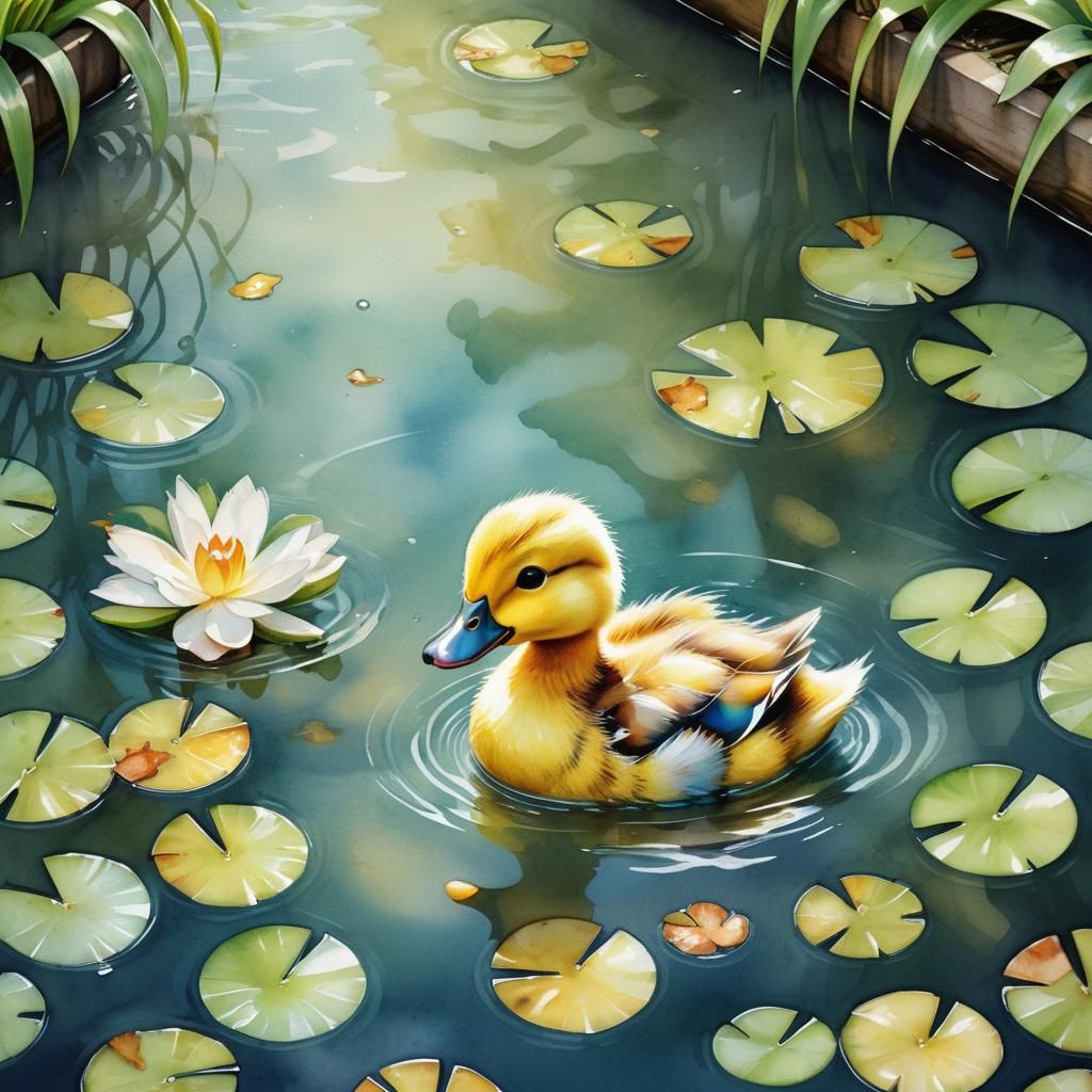 Adorable Baby Duck Swimming: Watercolor and Ink Illustration