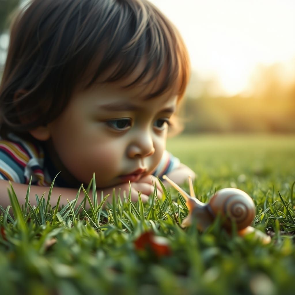 Child Watching Snail in Hyperrealistic Photo