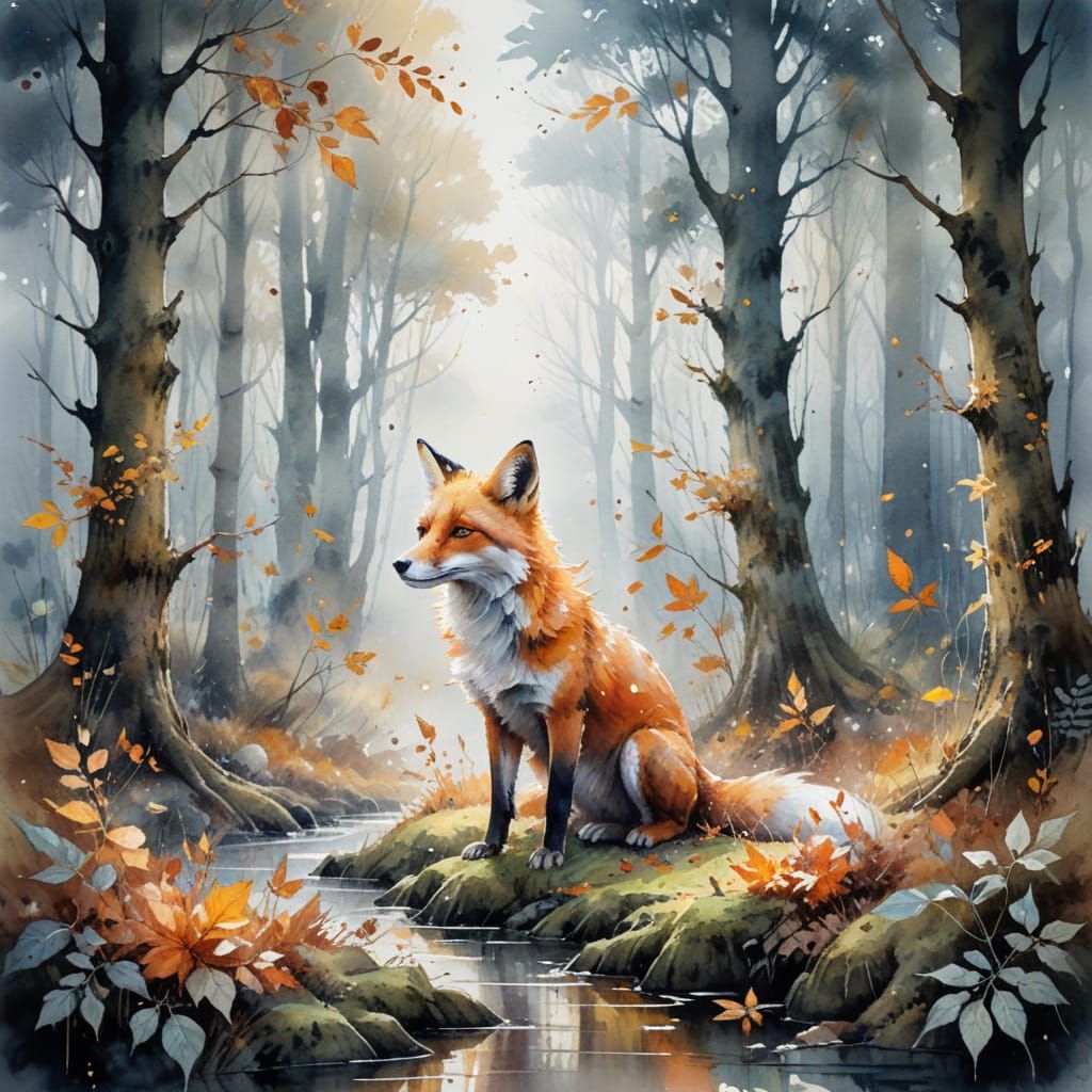 Whimsical Autumn Fox in Enchanted Woodland