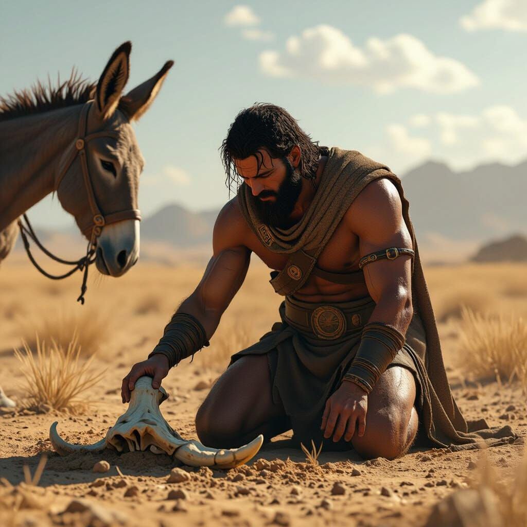 Samson Kneels for Donkey Jawbone in Dusty Field