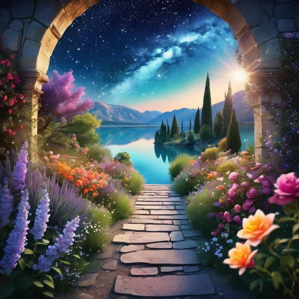 Secret Garden Pathway Under Starry Sky