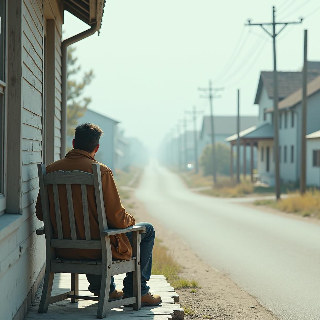Contemplative Man on Porch Gazing at Empty Road