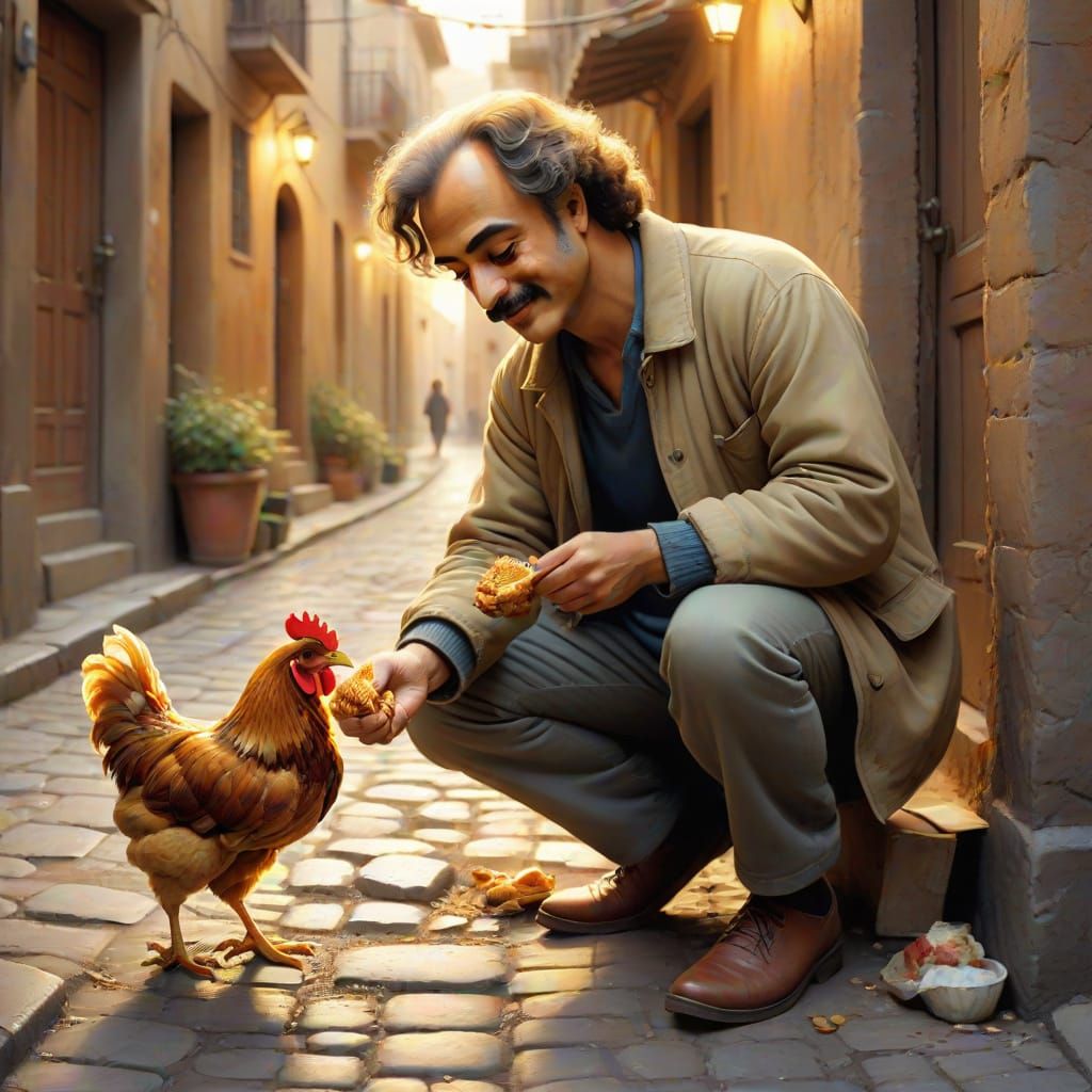 Warm Whimsical Moment of a Man and a Dog Sharing a Chicken i...