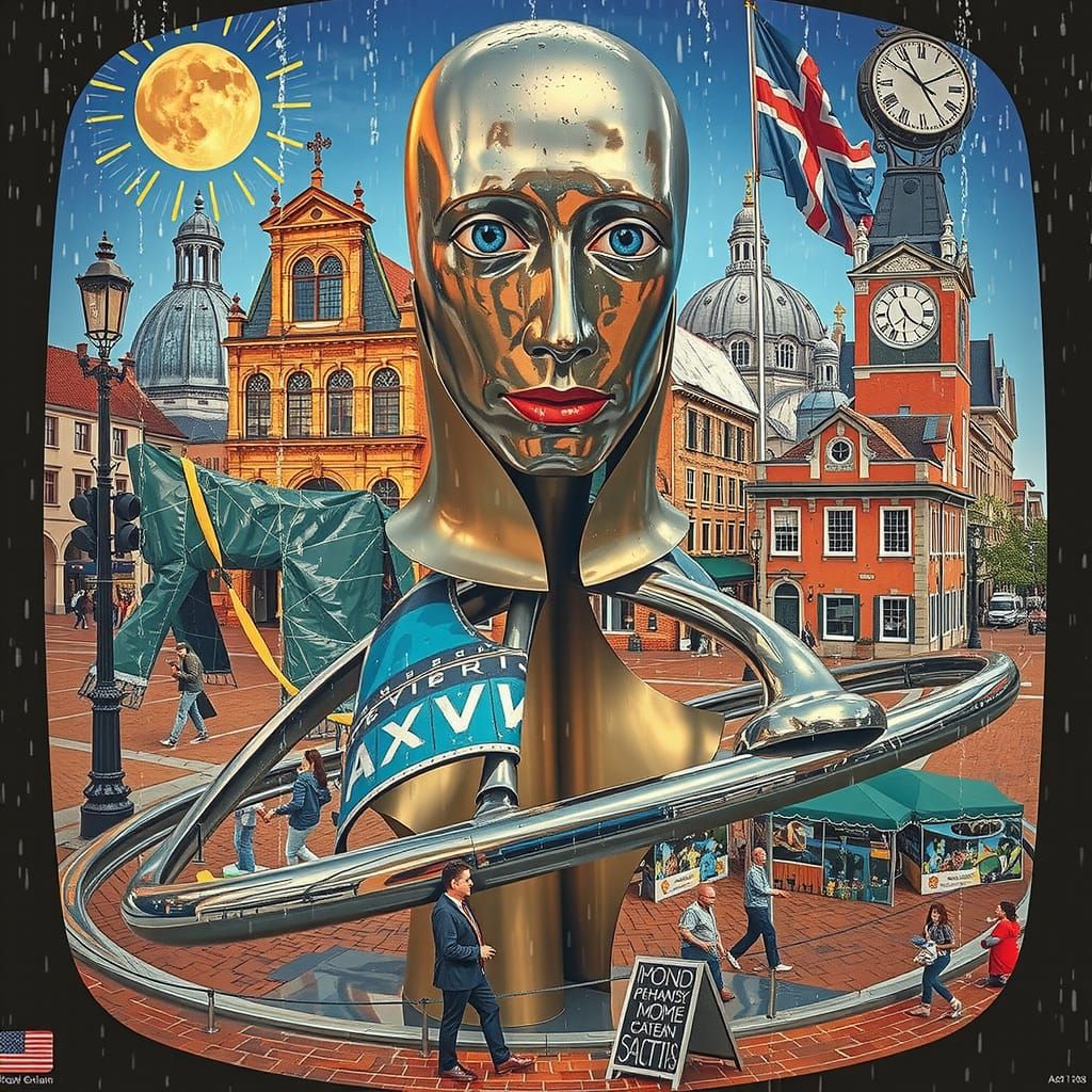 Abstract Steel Sculpture in Rainy Town Square: Photorealism