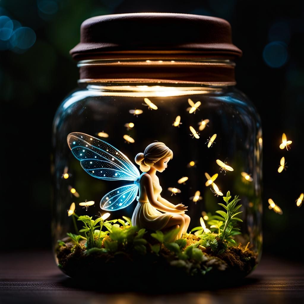 Glowing Fairy in Dark Jar with Fireflies