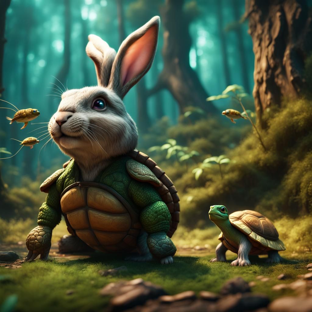Surreal Turtle Bunny With Forest Turtle Fish