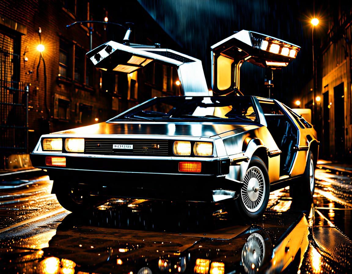 Black DeLorean in Rainy Alley: Hyperrealistic HDR
