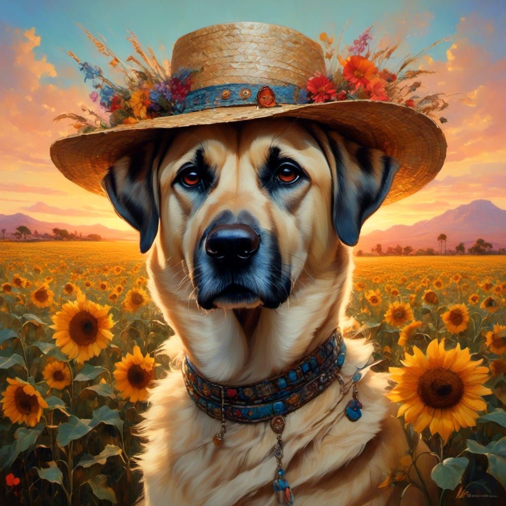 Puppy in Sunflower Field at Sunset