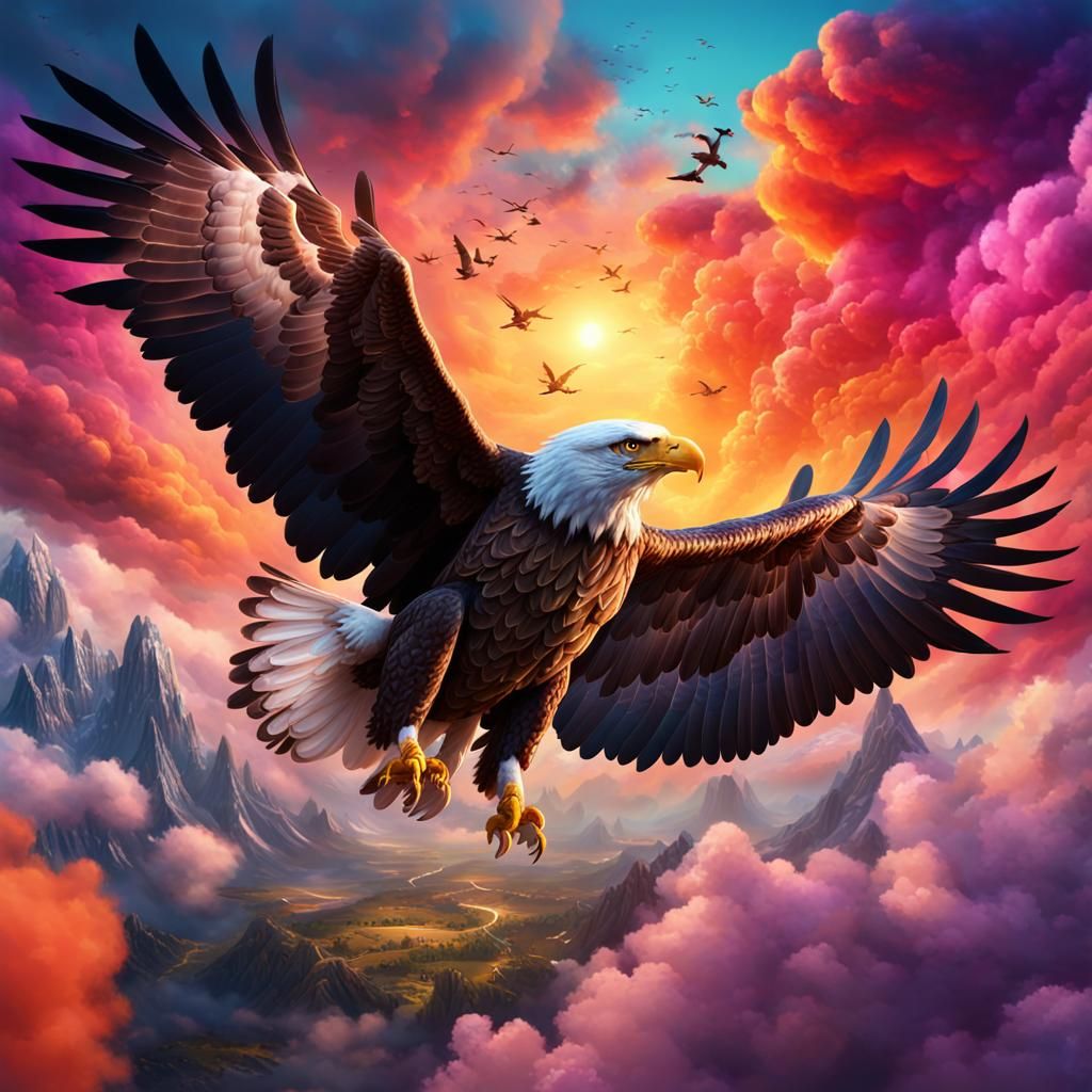 Eagle Flight Through Colorful Clouds
