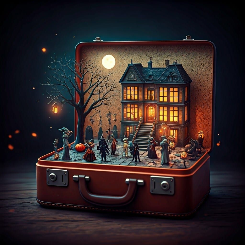 A miniature Halloween scene in a beautiful leather suitcase