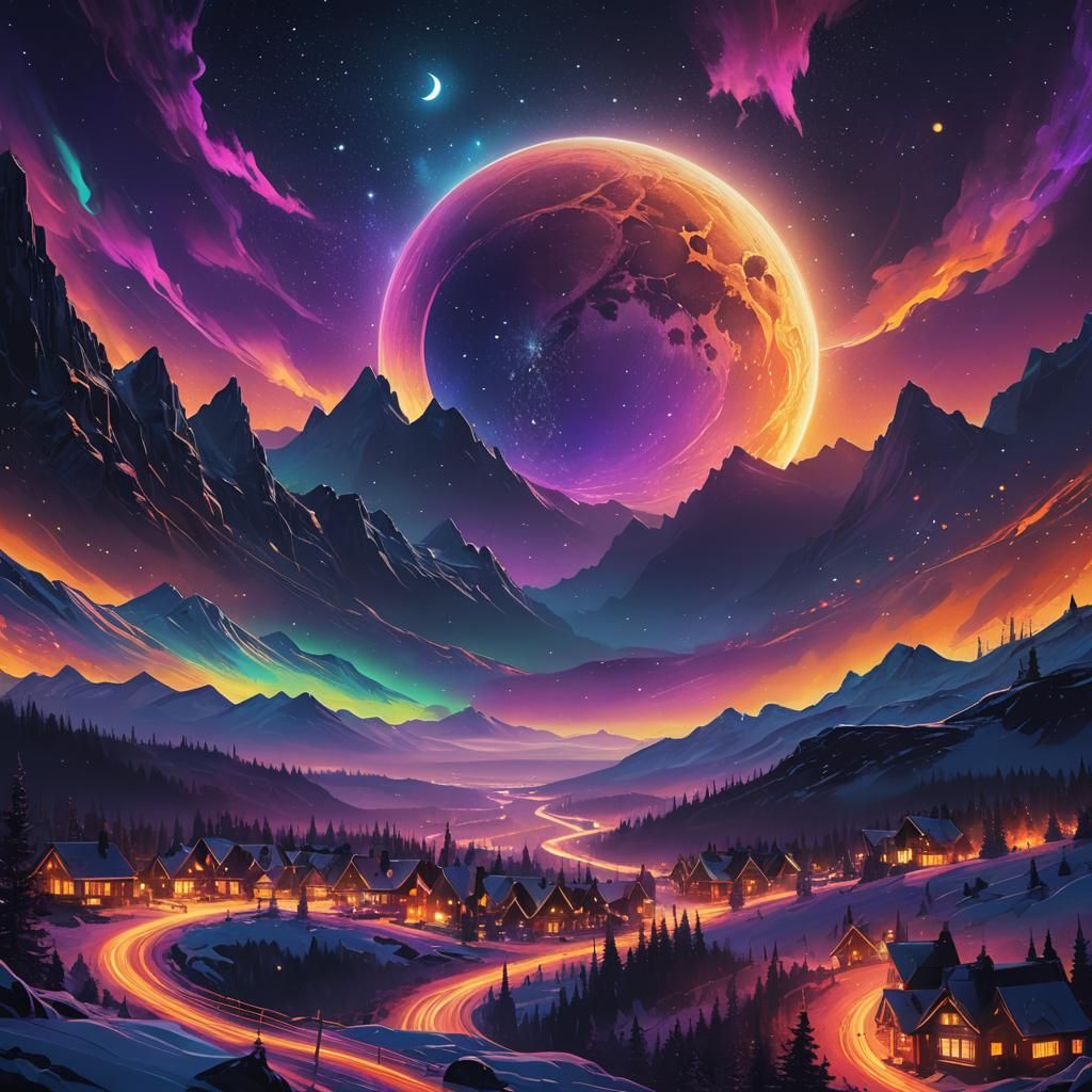 Neon Crescent Moon Under Northern Lights, Surreal Art