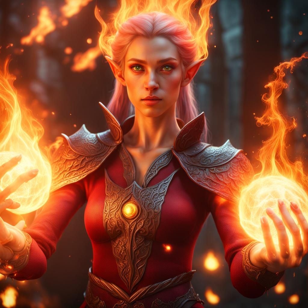 Elf Casting Fireball in Detailed Fantasy Art