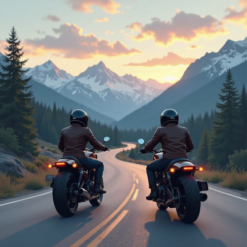 Motorcyclists on a Winding Road in Realistic Landscape